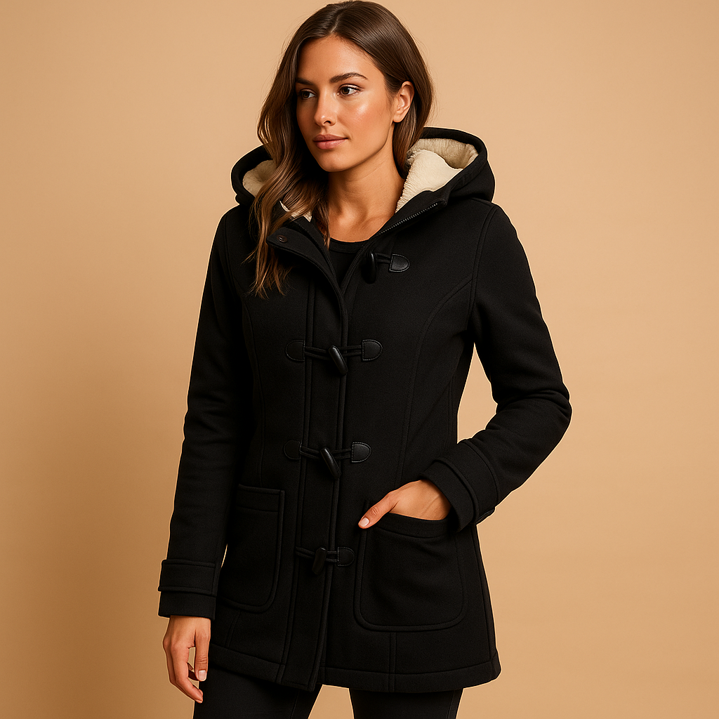Women's Hooded Winter Trench Coat with Toggles in Black
