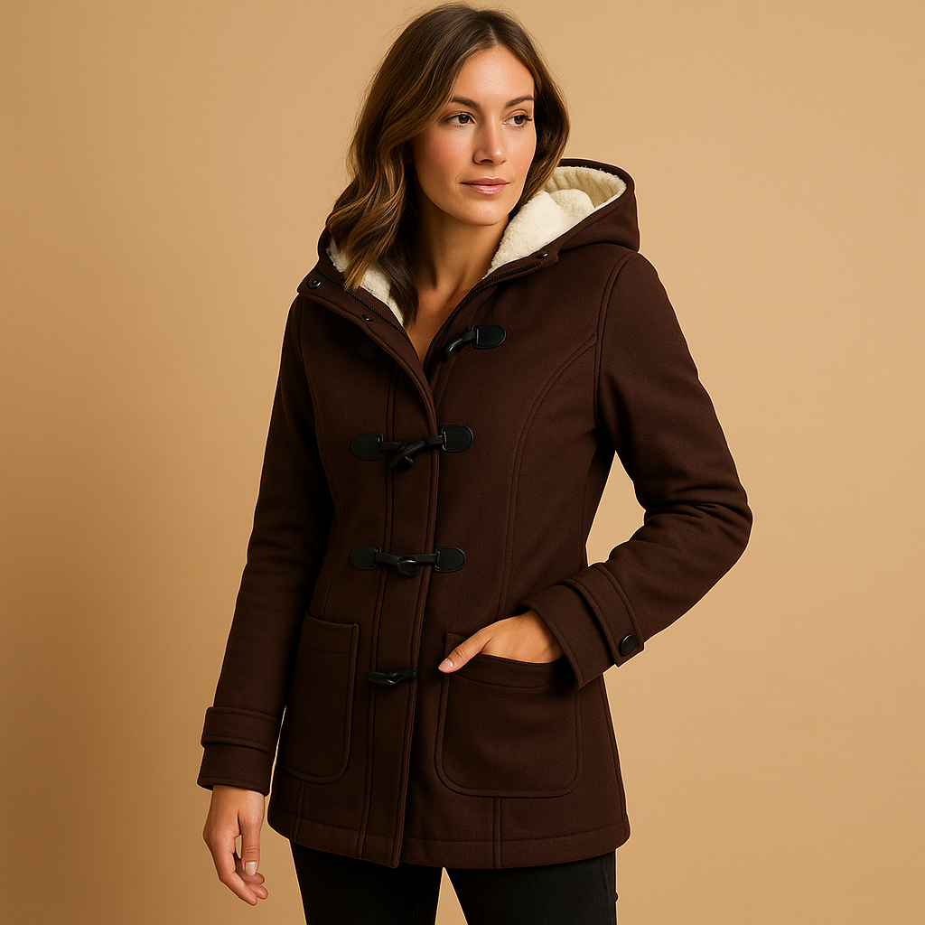 Women's Hooded Winter Trench Coat with Toggles in Dark Brown