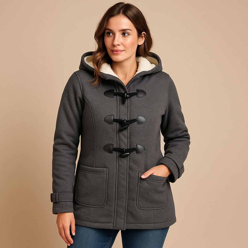 Women's Hooded Winter Trench Coat with Toggles in Dark Grey