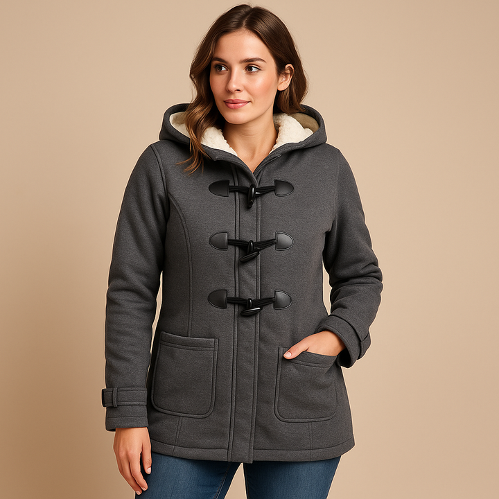 Women's Hooded Winter Trench Coat with Toggles in Dark Grey