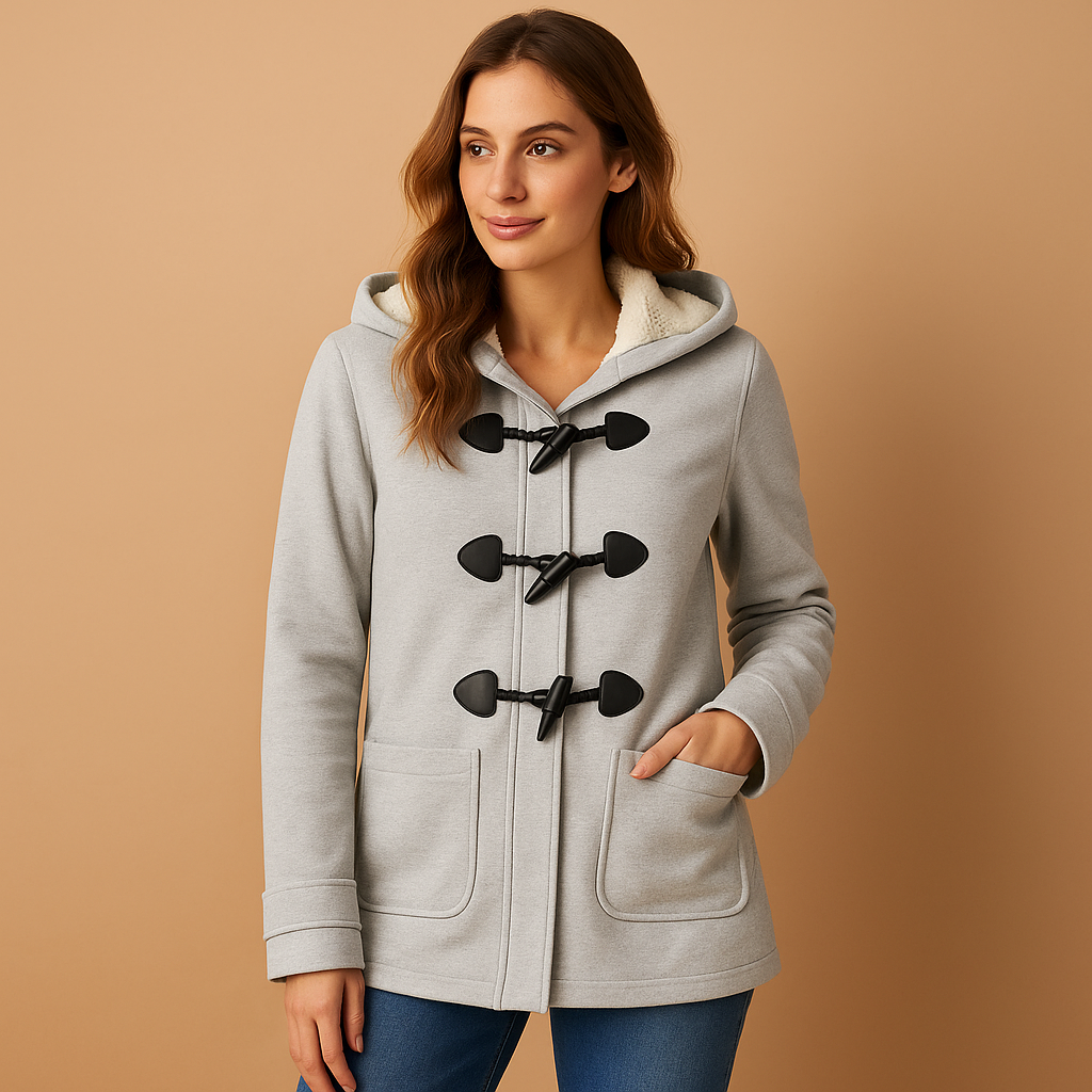 Women's Hooded Winter Trench Coat with Toggles in Light Grey