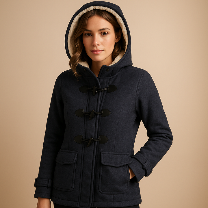 Women's Hooded Winter Trench Coat with Toggles in Navy Blue