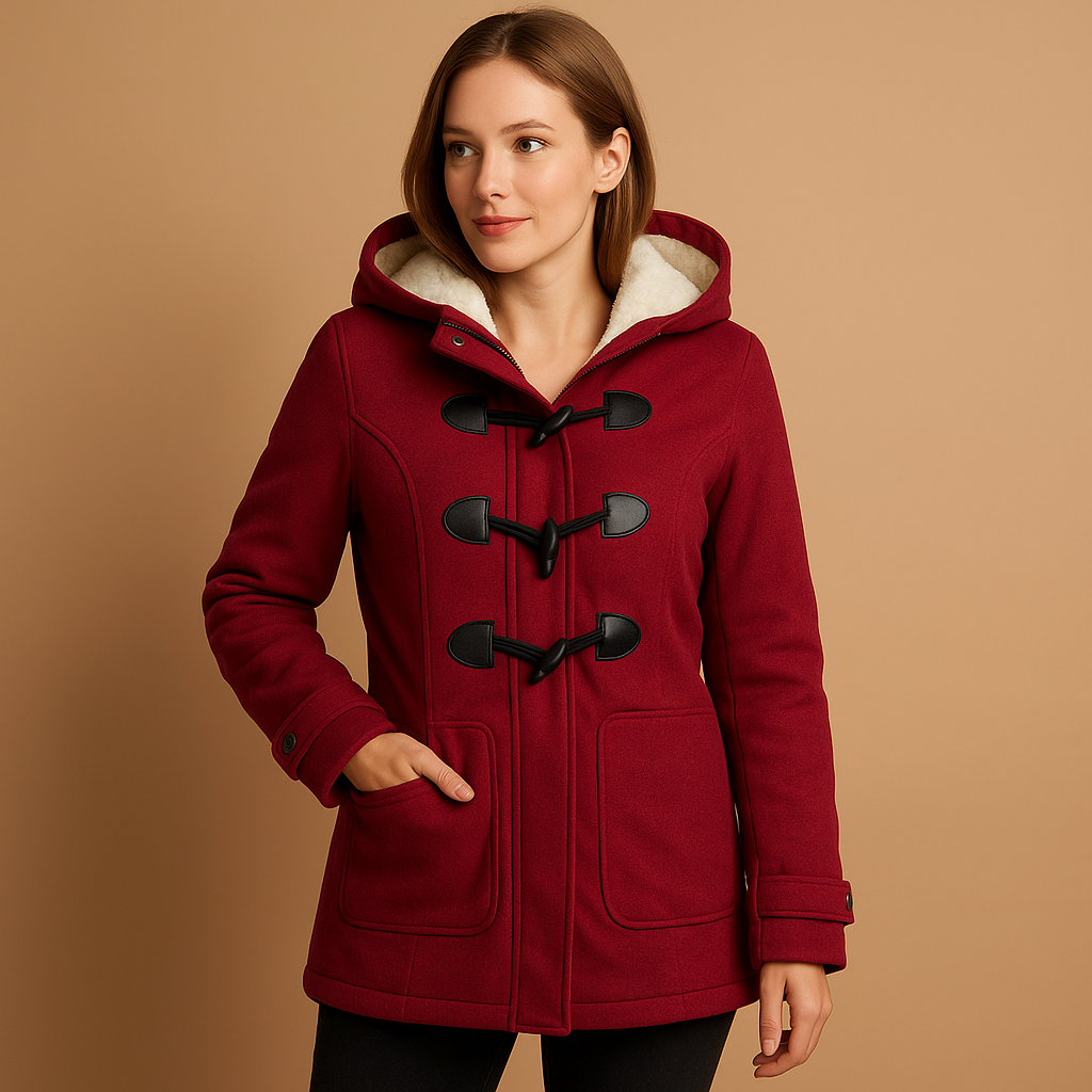 Women's Hooded Winter Trench Coat with Toggles in Wine Red