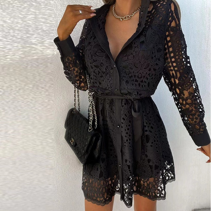 Women's Lace Midi Dress with Long Sleeves in Black