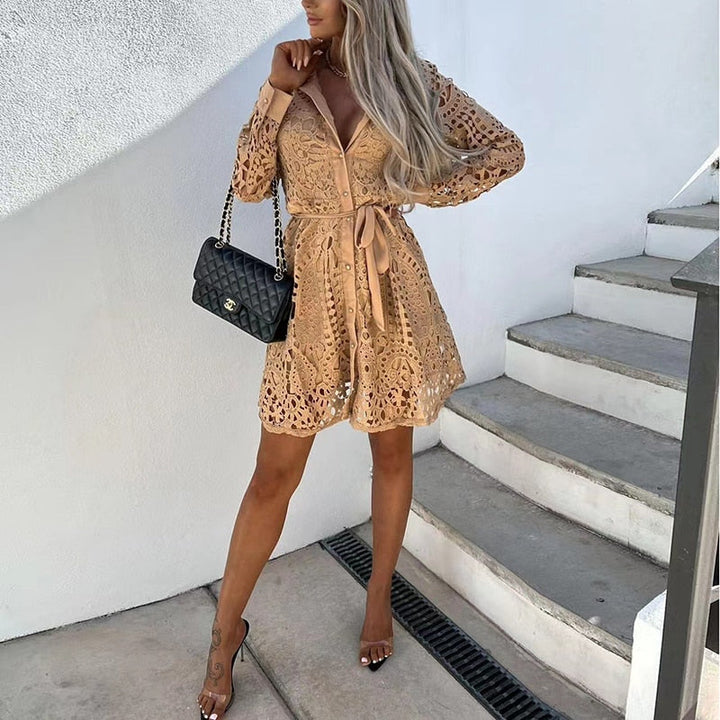 Women's Lace Midi Dress with Long Sleeves in Brown
