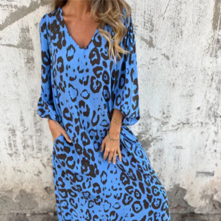 Women's Leopard Midi Dress with Long Sleeves and Pockets (5)