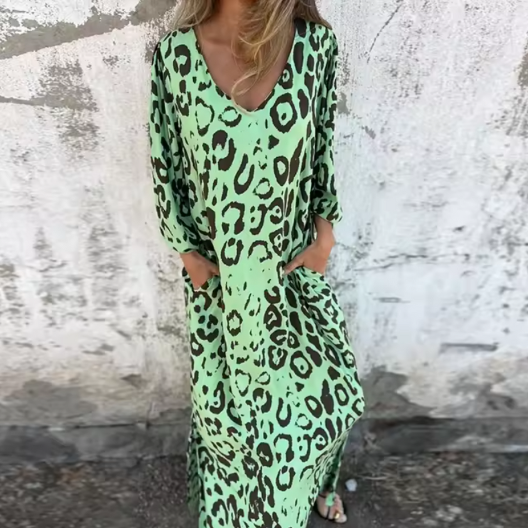 Women's Leopard Midi Dress with Long Sleeves and Pockets in Green