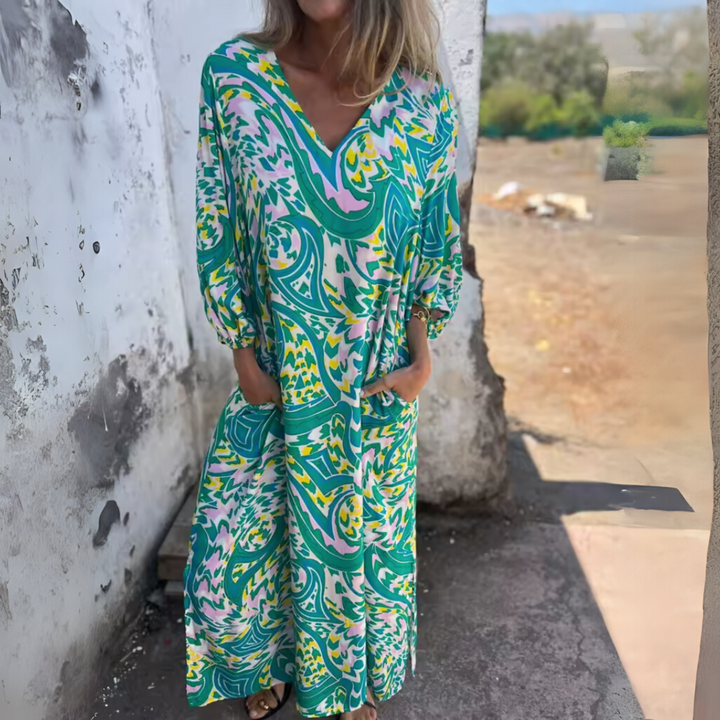 Women's Leopard Midi Dress with Long Sleeves and Pockets in Multicolor Blue