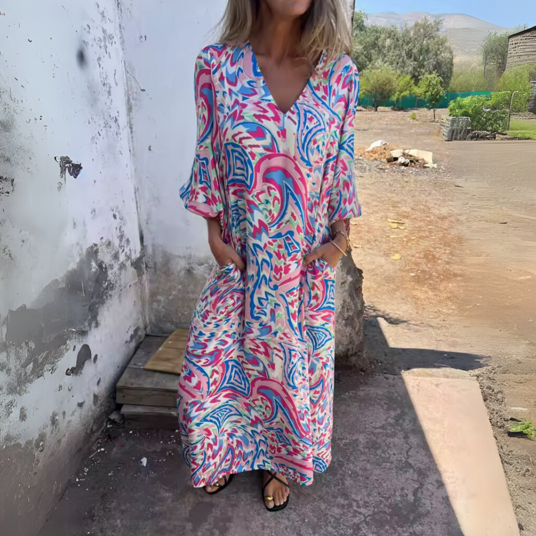 Women's Leopard Midi Dress with Long Sleeves and Pockets in Multicolor Purple