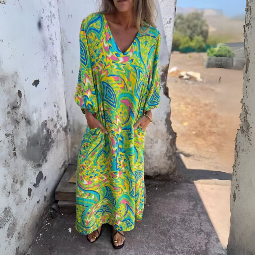 Women's Leopard Midi Dress with Long Sleeves and Pockets in Multicolour