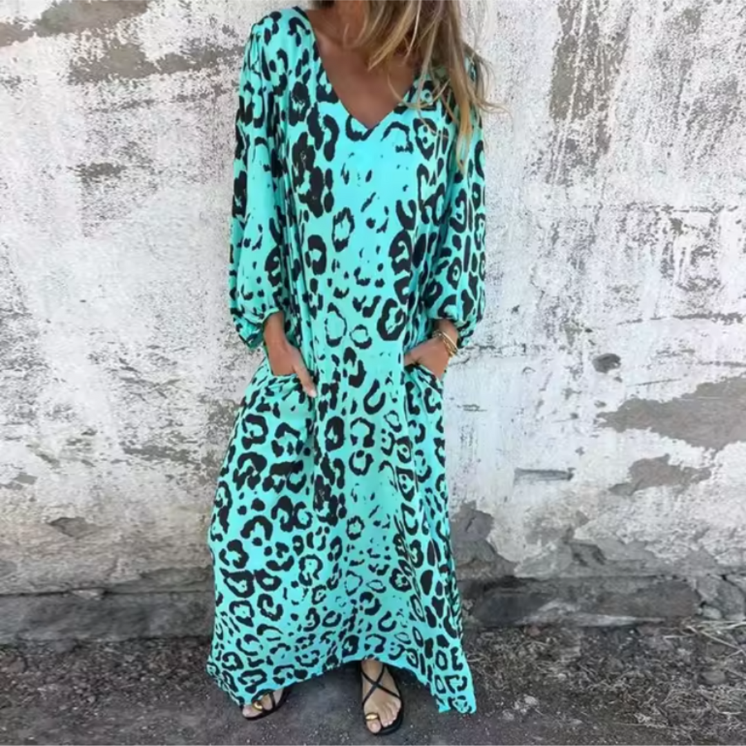Women's Leopard Midi Dress with Long Sleeves and Pockets in Turquoise