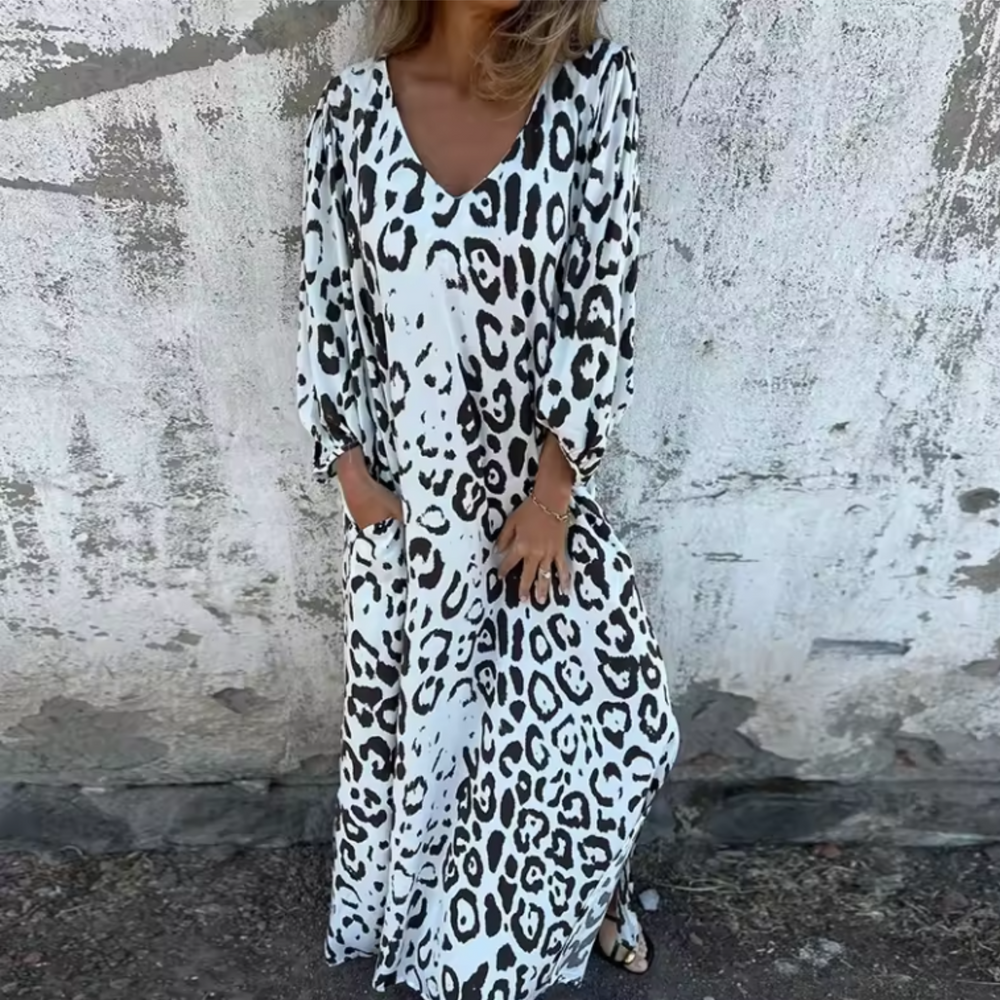 Women's Leopard Midi Dress with Long Sleeves and Pockets in White