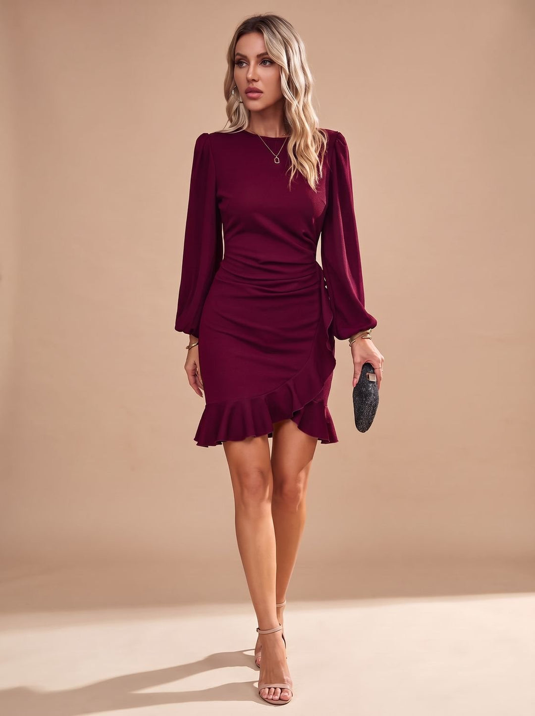 Women's Long-Sleeve Christmas Party Dress with Ruffle Hem in Burgundy