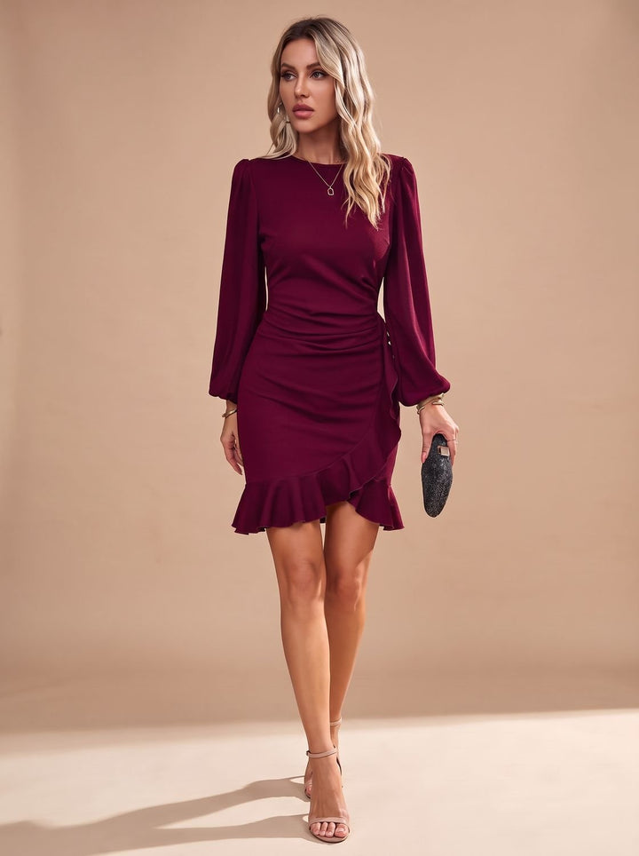 Women's Long-Sleeve Christmas Party Dress with Ruffle Hem in Burgundy