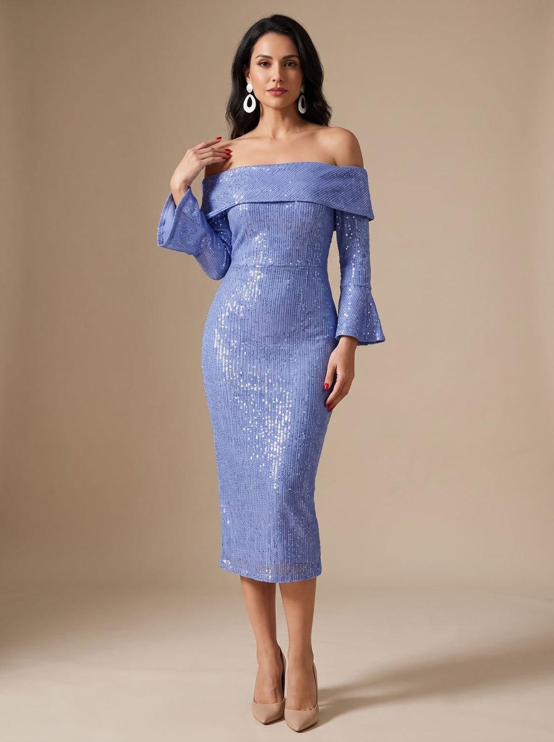 Women's Long-Sleeve Sequin Christmas Party Dress in Blue