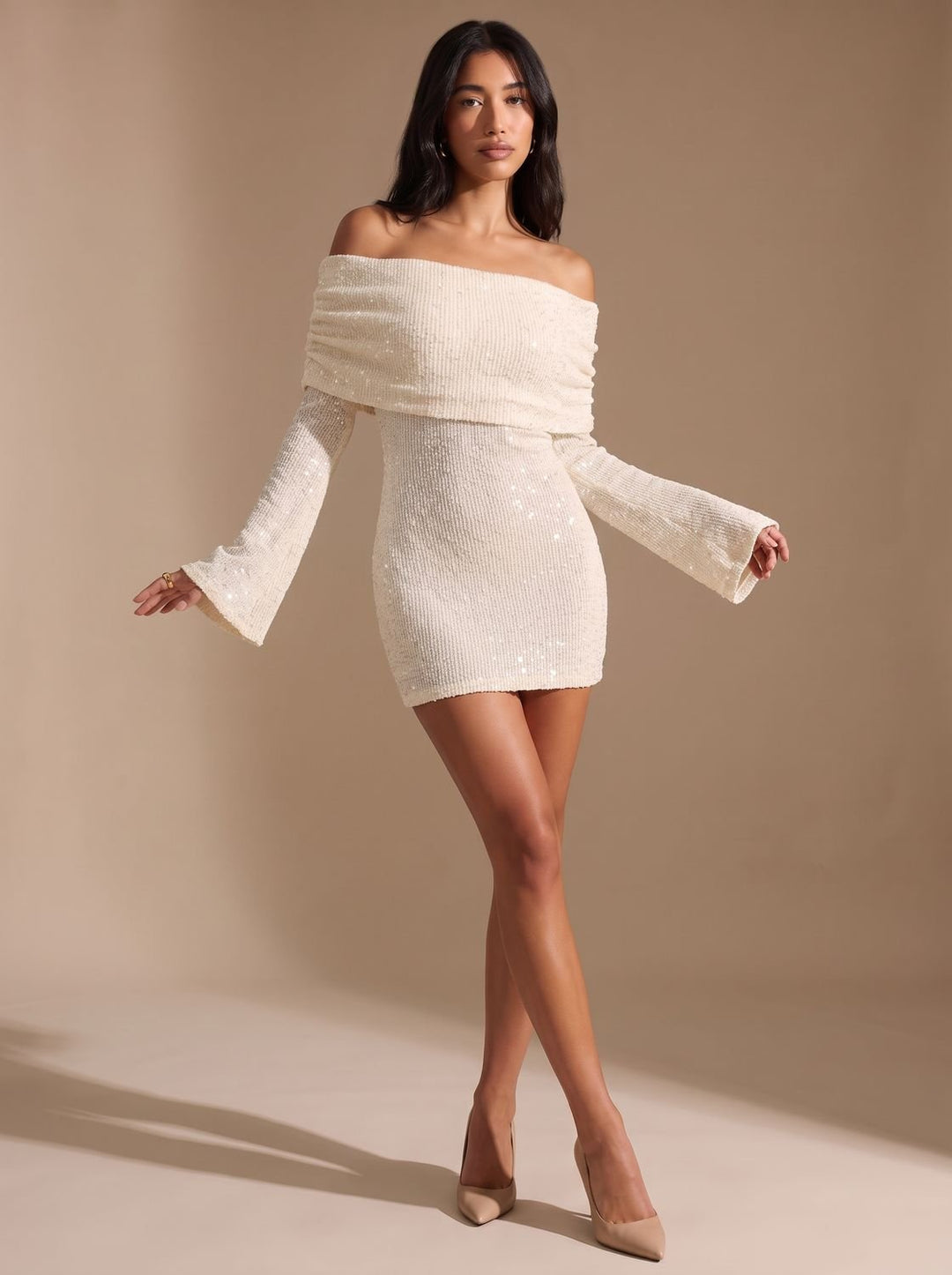 Women's Long-Sleeve Sequin Christmas Party Dress in White