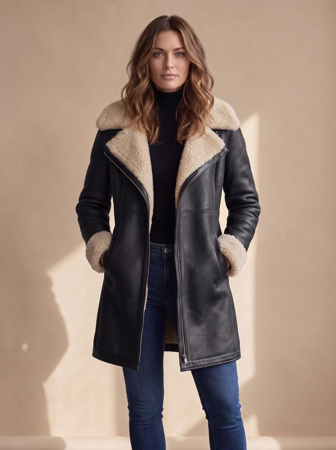 Women's Long Trench Coat in Faux Suede in Black
