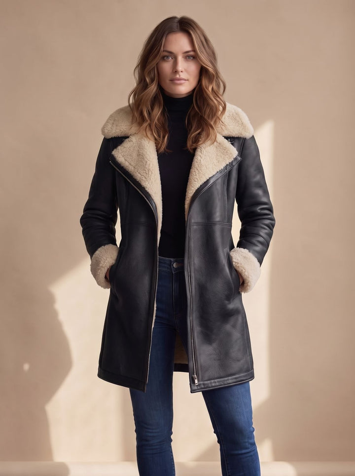 Women's Long Trench Coat in Faux Suede in Black