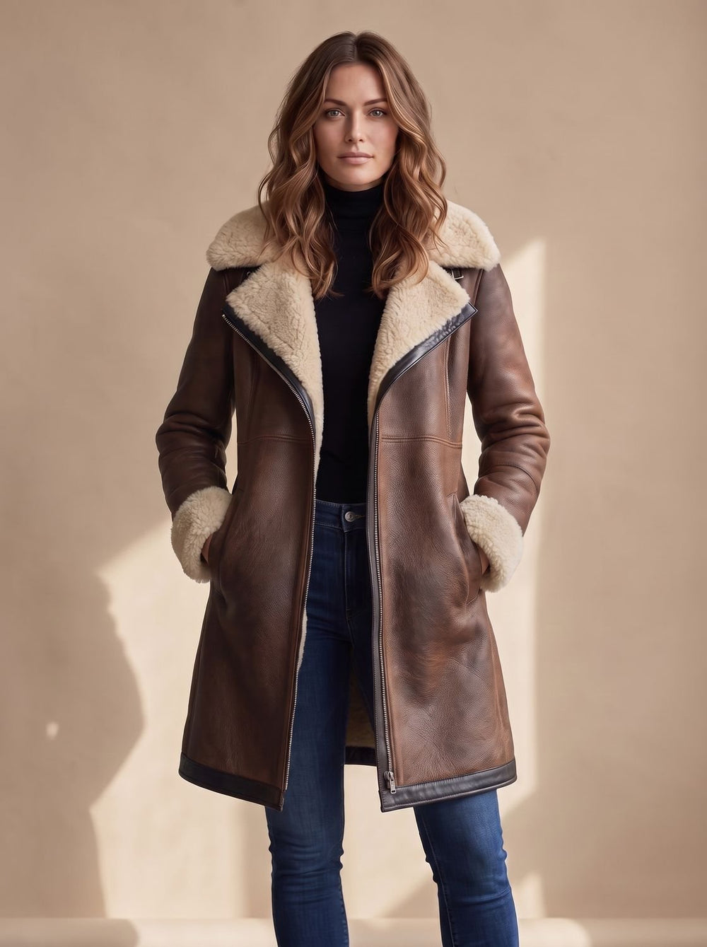 Women's Long Trench Coat in Faux Suede in Dark Brown