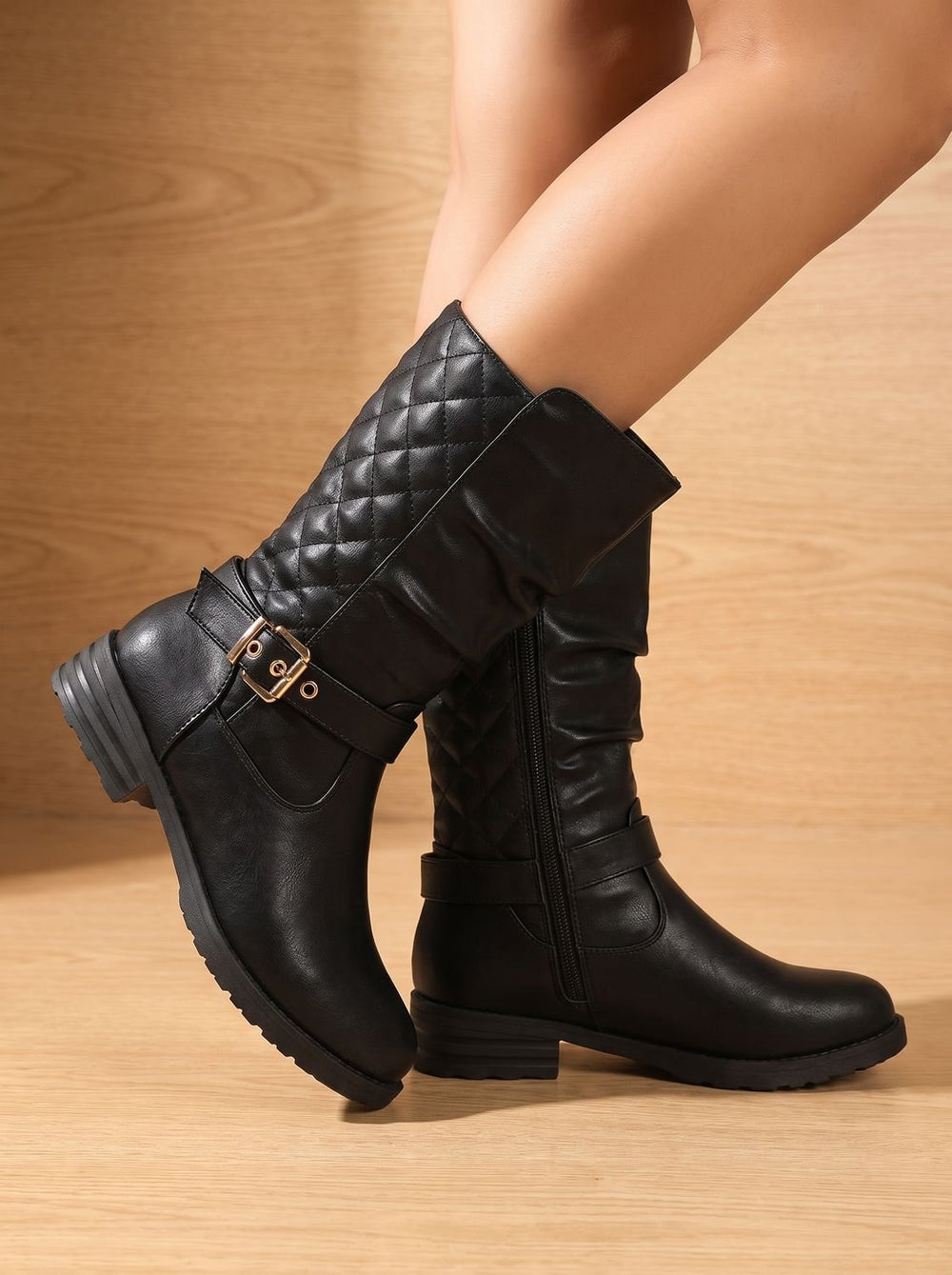 Women's Mid-Calf Slouch Boot with Low Block Heel in Gold-coloured 2