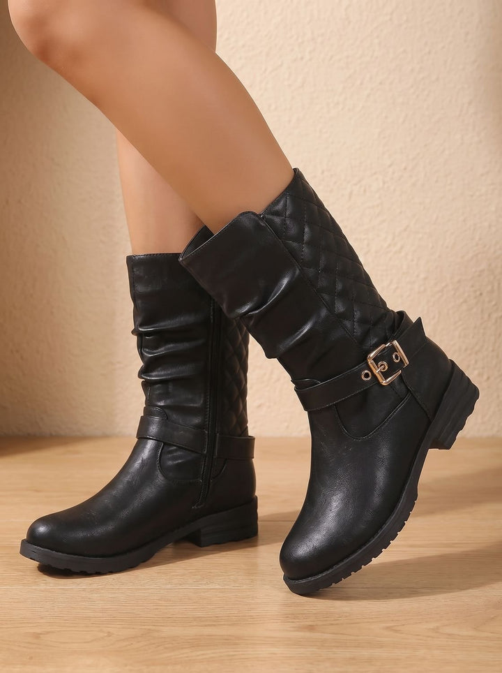 Women's Mid-Calf Slouch Boot with Low Block Heel in Gold-coloured 3