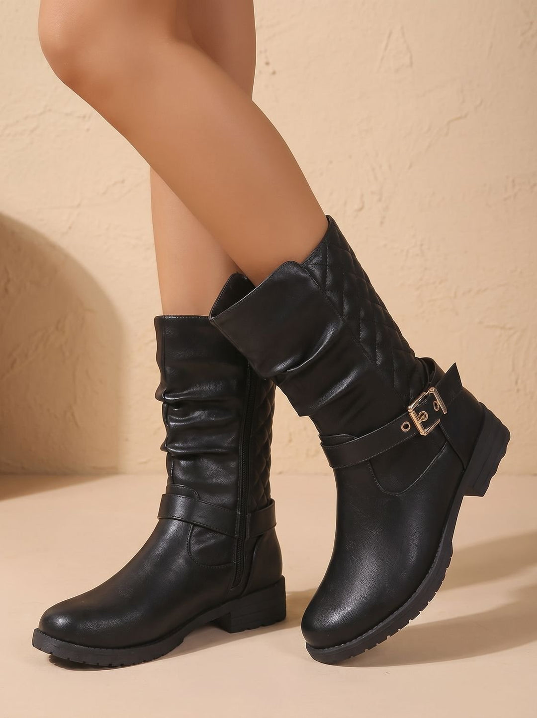 Women's Mid-Calf Slouch Boot with Low Block Heel in Gold-coloured 4