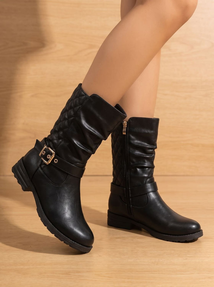 Women's Mid-Calf Slouch Boot with Low Block Heel in Gold-coloured 5
