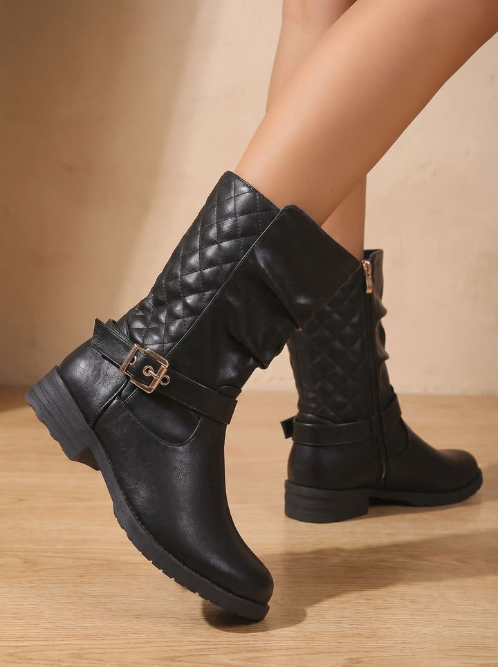 Women's Mid-Calf Slouch Boot with Low Block Heel in Gold-coloured 6