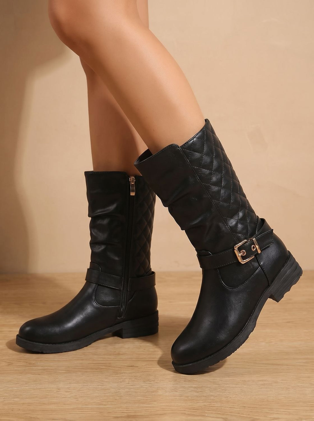 Women's Mid-Calf Slouch Boot with Low Block Heel in Gold-coloured 7