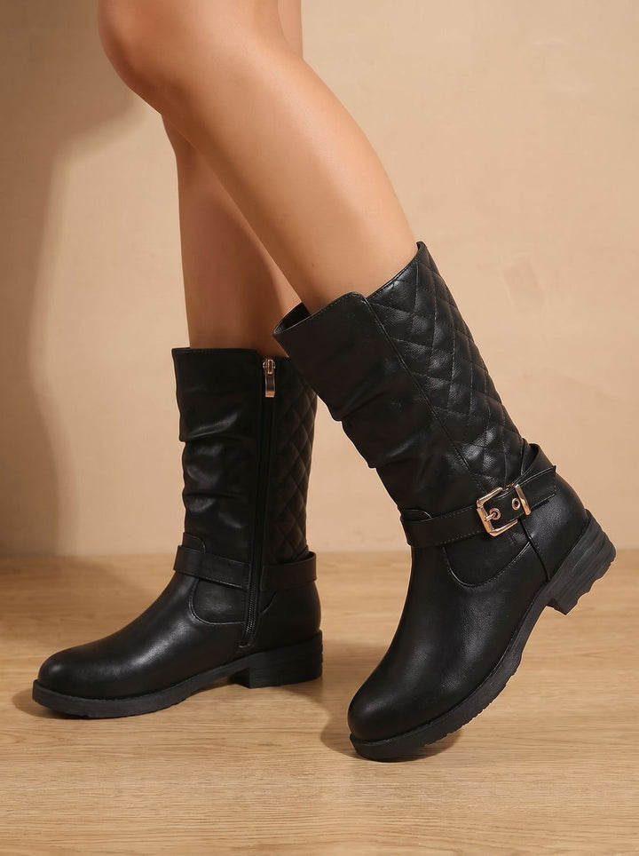 Women's Mid-Calf Slouch Boot with Low Block Heel in Gold-coloured 7