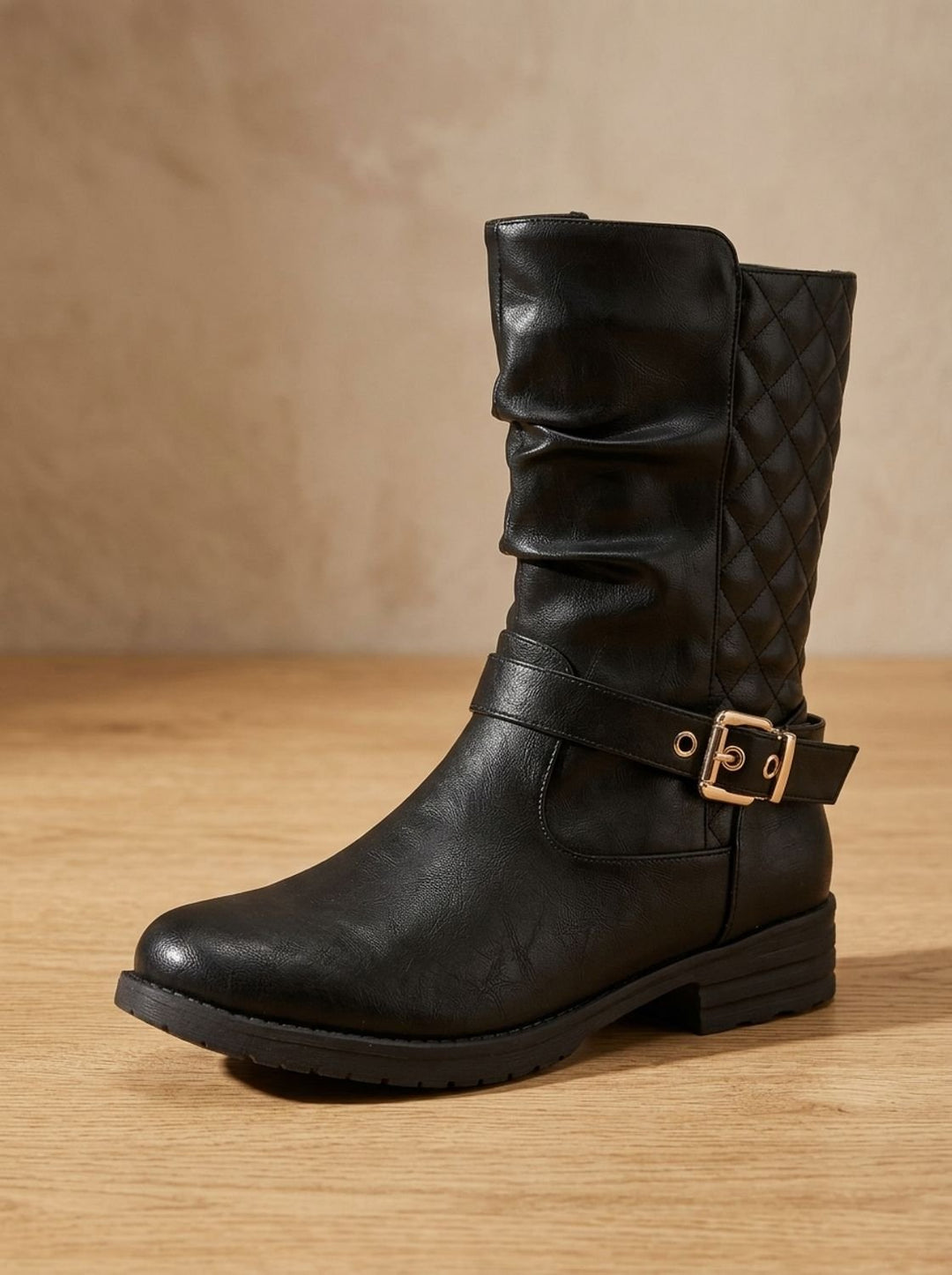 Women's Mid-Calf Slouch Boot with Low Block Heel in Gold-coloured 9