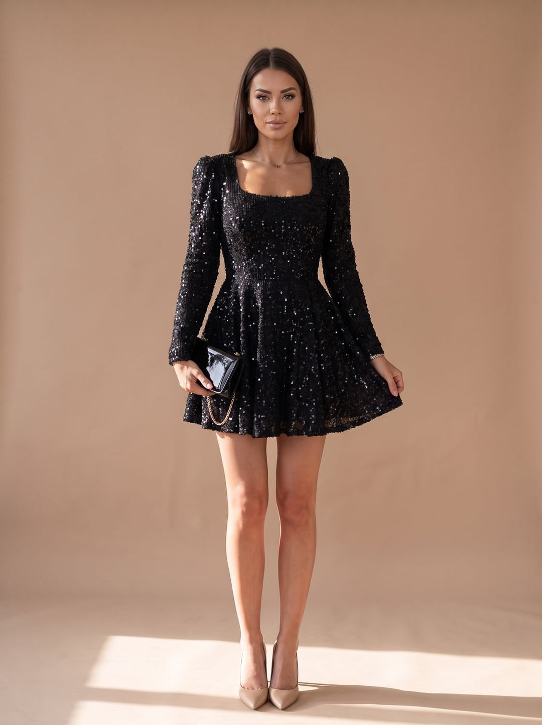 Women's Mini Black Sequin Christmas Party Dress in Black 3