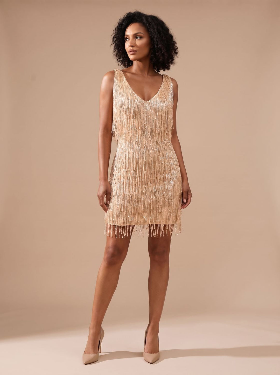 Women's Mini Christmas Party Dress in Metallic Sequins in Beige
