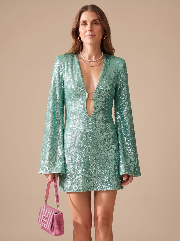 Women's Mini Christmas Party Dress with Long Flared Sleeves (4)
