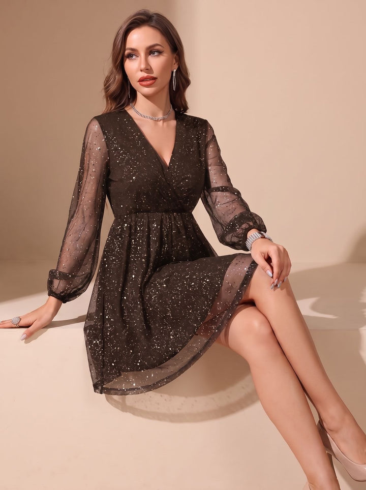 Women's Mini Glitter Christmas Party Dress in Brown