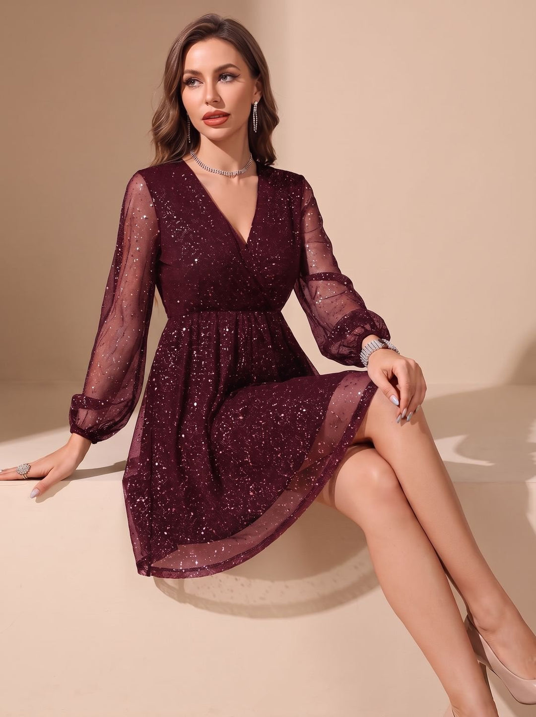 Women's Mini Glitter Christmas Party Dress in Wine Red