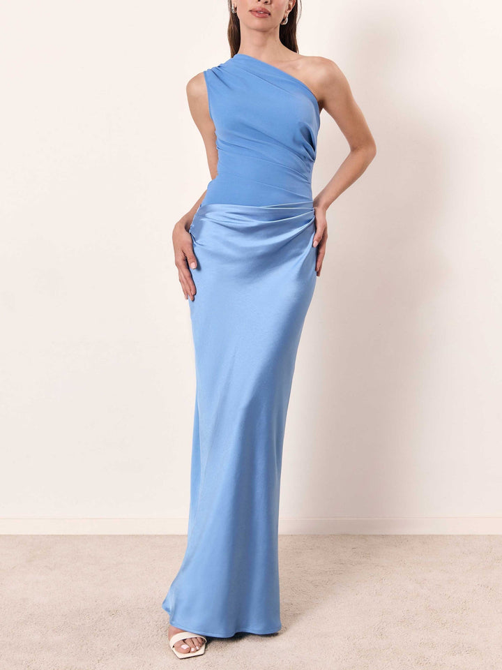 Women's One Shoulder Ruched Christmas Party Dress in Blue