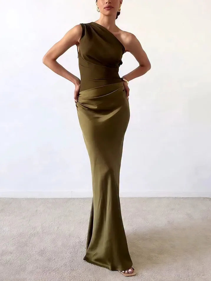 Women's One Shoulder Ruched Christmas Party Dress in Olive Green