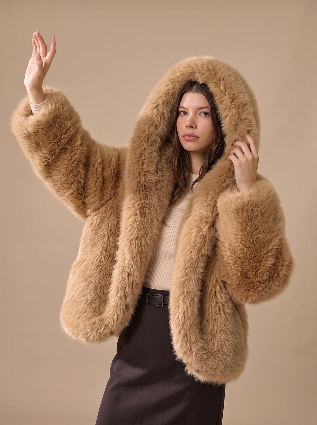 Women's Oversized Faux Fur Trench Coat for Winter in Brown