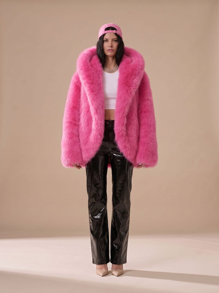 Women's Oversized Faux Fur Trench Coat for Winter in Pink