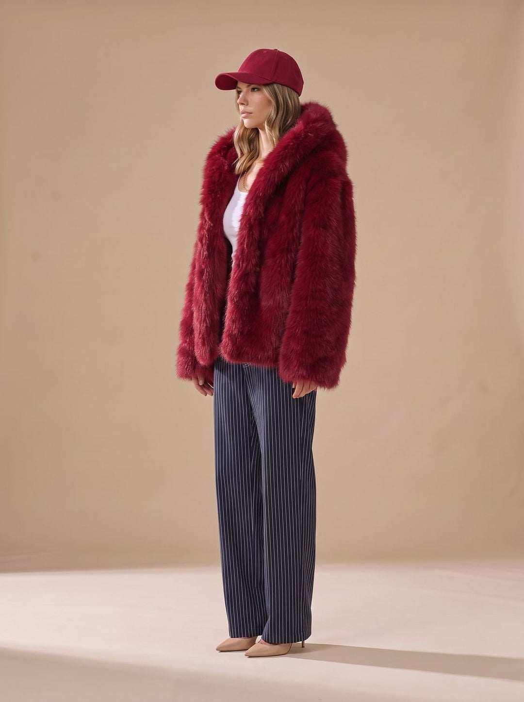 Women's Oversized Faux Fur Trench Coat for Winter in Red
