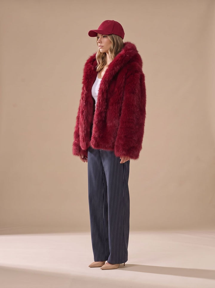 Women's Oversized Faux Fur Trench Coat for Winter in Red