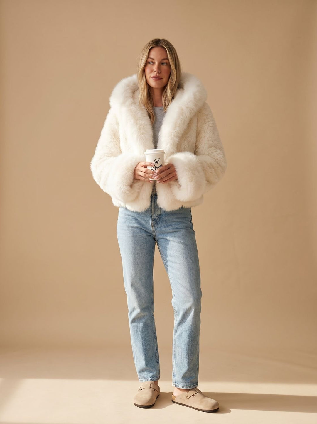 Women's Oversized Hooded Faux Fur Winter Coat in White 1