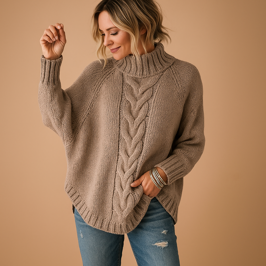 Women's Oversized Turtleneck Jumper Dress in Chunky Knit in Brown