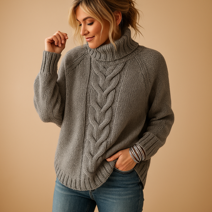 Women's Oversized Turtleneck Jumper Dress in Chunky Knit in Grey