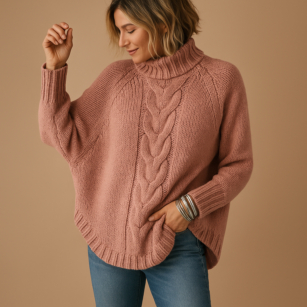 Women's Oversized Turtleneck Jumper Dress in Chunky Knit in Pink