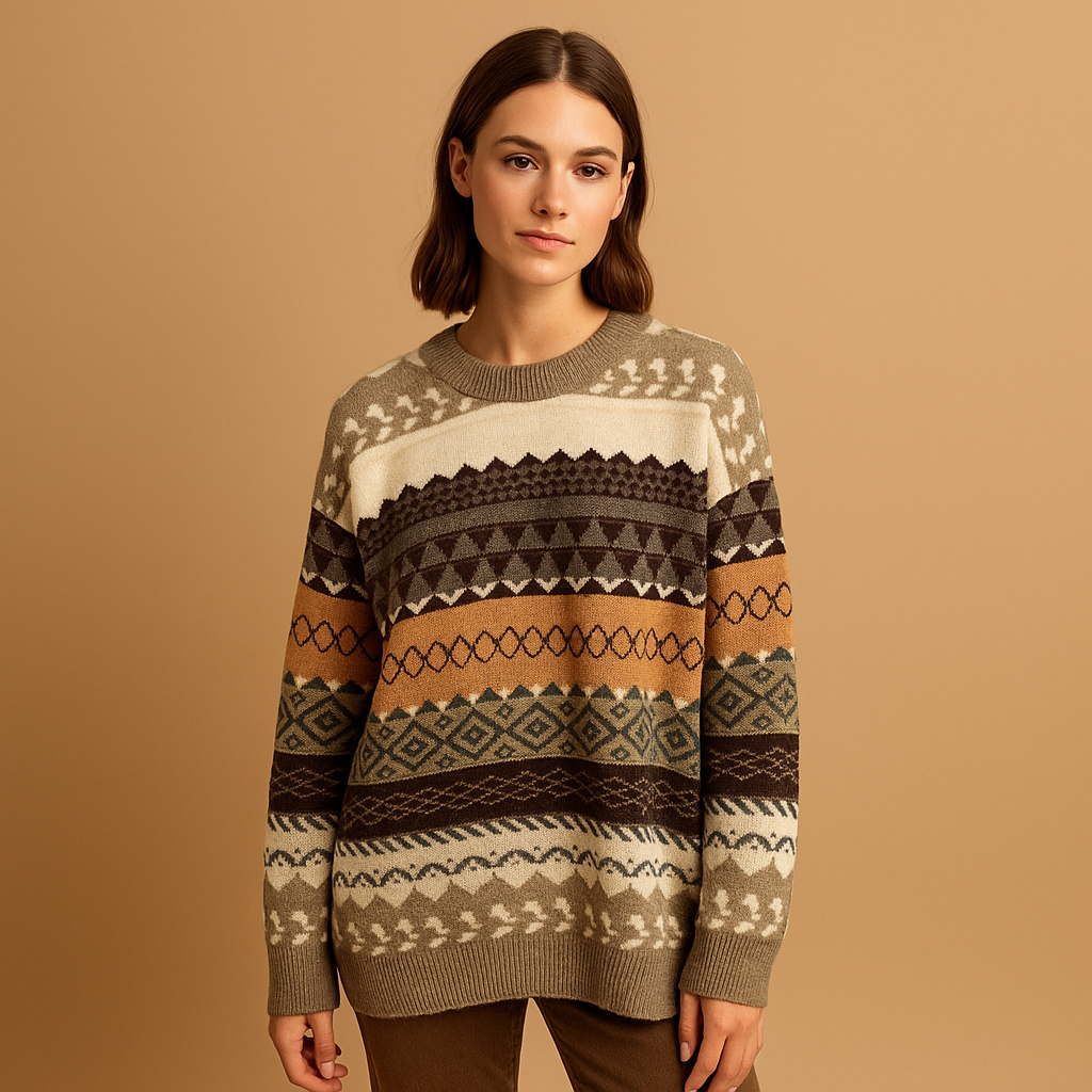 Women's Printed Knit Jumper Dress for Winter in Beige