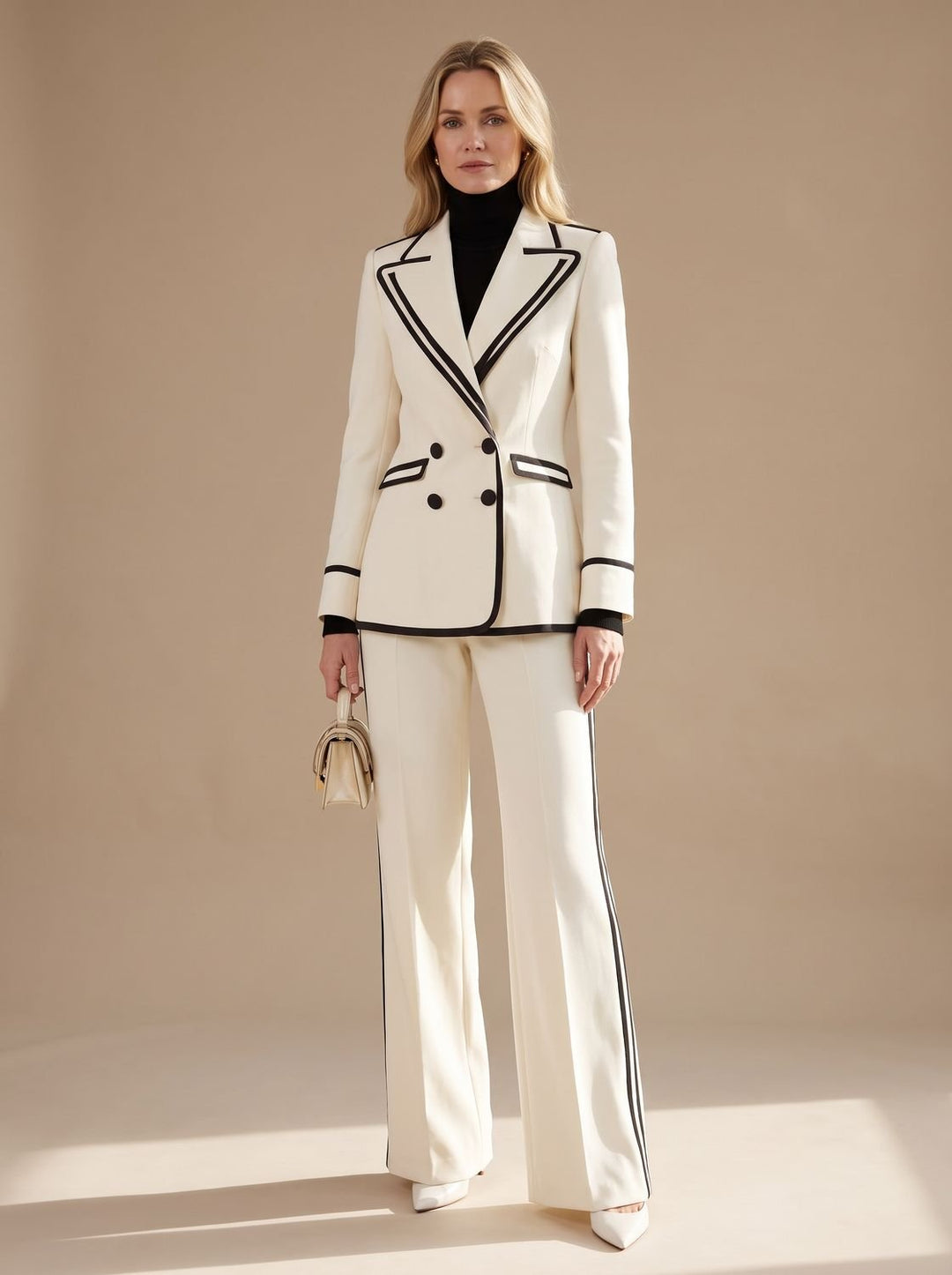 Women's Professional Coat Suit with Double-Breasted Blazer in White