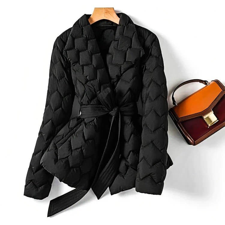 Women's Puffer Coat with Belted Quilted Design in Midnight Black