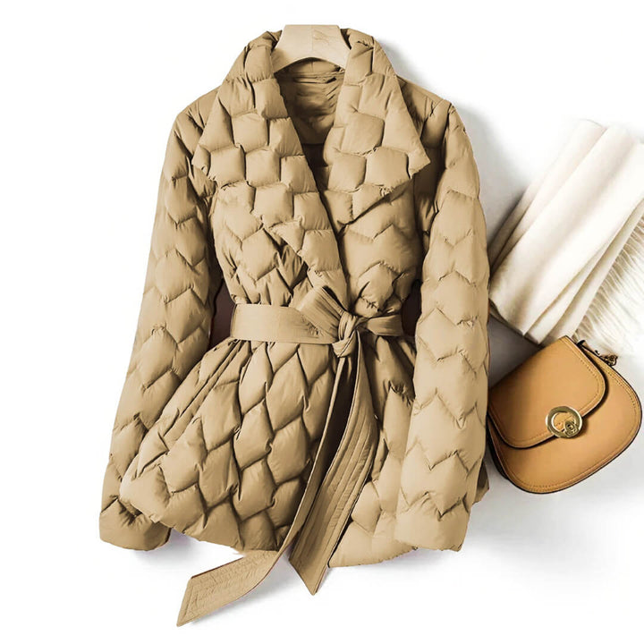 Women's Puffer Coat with Belted Quilted Design in Sandstone Beige